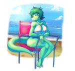  alligator alligatorid anthro beach beach_chair bikini bikini_bottom bikini_top breasts chair cleavage clothed clothing crocodilian eyes_closed female furniture green_body green_hair hair hi_res humanoid long_snout long_tail olivia_(snoot_game) protonmono reptile scalie seaside sitting smile smiling_at_viewer snoot_game_(fan_game) snout solo swimwear thick_thighs video_games wide_hips 