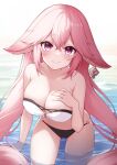  1girl absurdres animal_ears bangs bare_shoulders bikini blush breasts cleavage collarbone crossed_bangs fox_ears fox_girl genshin_impact hair_ornament hand_on_own_chest highres large_breasts long_hair looking_at_viewer o-ring o-ring_bikini partially_submerged pink_eyes pink_hair poinia smile swimsuit thighs very_long_hair water yae_miko 