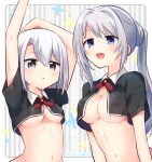  2girls :d :o arms_at_sides arms_up asymmetrical_bangs bangs black_jacket blue_eyes blush border breasts collared_jacket cropped_jacket cross_tie daitou_academy_school_uniform grey_background grey_eyes grey_hair hair_bun hair_intakes highres izumi_kanagi jacket long_hair looking_at_viewer magia_record:_mahou_shoujo_madoka_magica_gaiden mahou_shoujo_madoka_magica momo_tomato multiple_girls naked_jacket navel necktie open_mouth outside_border parted_lips ponytail red_necktie romaji_text school_uniform short_hair short_sleeves sidelocks smile striped striped_background swept_bangs underboob upper_body vertical-striped_background very_long_hair white_border white_hair yakumo_mitama 