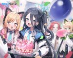  +_+ 4girls animal_ears aris_(blue_archive) balloon blue_archive blue_eyes blue_hair blush bow brown_hair cake cat_ears food green_eyes hair_bow halo headphones long_hair midori_(blue_archive) momoi_(blue_archive) multiple_girls nannung necktie official_art open_mouth pink_eyes red_hair smile yuzu_(blue_archive) 