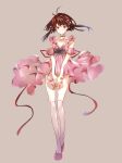  1girl brown_eyes brown_hair choker closed_mouth dress full_body hair_bobbles hair_ornament highres looking_at_viewer pink_dress reala_(tales) red_choker short_hair simple_background smile solo tales_of_(series) tales_of_destiny_2 thighhighs yononaka 