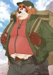  2022 anthro backpack belly bottomwear brown_body brown_fur bulge canid canine clothing cute_fangs fur hat headgear headwear hi_res humanoid_hands kemono male mammal navel outside overweight overweight_male pants raccoon_dog ryuta-h solo tanuki 