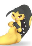  2022 absurd_res anthro breasts butt digital_media_(artwork) female generation_3_pokemon hi_res looking_at_viewer mawile nintendo nipples nude open_mouth pilu_(artist) pokemon pokemon_(species) pokemorph red_eyes simple_background sitting smile solo teeth video_games 