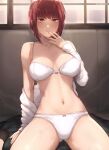  1girl :p bangs bra breasts chainsaw_man highres kimoshi large_breasts looking_at_viewer makima_(chainsaw_man) navel open_clothes open_shirt panties red_hair saliva shirt sidelocks solo thighs tongue tongue_out underwear white_bra white_panties white_shirt yellow_eyes 