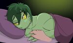  alligator alligatorid anthro bed bedroom_eyes blush crocodilian digit_ring female furniture green_body green_hair hair half-closed_eyes hand_holding humanoid jewelry loansharkmann looking_at_viewer lying nails narrowed_eyes olivia_(snoot_game) reptile ring scalie seductive simple_background snoot_game_(fan_game) solo video_games wedding_ring yellow_sclera 