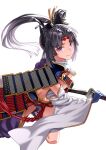  1girl armor asymmetrical_clothes asymmetrical_sleeves bangs black_hair black_headwear blue_eyes blue_gloves blue_panties breast_curtains breasts closed_mouth commentary_request detached_sleeves fate/grand_order fate_(series) feather_hair_ornament feathers gloves hair_bun hair_ornament hat highres japanese_armor katana kusazuri long_hair looking_at_viewer medium_breasts mismatched_sleeves panties parted_bangs porikeracchou rope sheath shoulder_armor side_ponytail sideboob sidelocks simple_background single_side_bun smile sode solo sword tate_eboshi underwear ushiwakamaru_(fate) very_long_hair weapon white_background white_sleeves wide_sleeves 