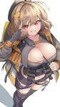 anis_(nikke) bad_link black_headwear breasts brown_hair cleavage_cutout clothing_cutout goddess_of_victory:_nikke highres large_breasts looking_at_viewer looking_up salute ta1sh1 thighhighs 