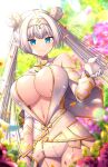  1girl arm_guards bangs bare_shoulders blue_eyes blurry blurry_background blush breasts britomart_(fate) capelet center_opening cleavage double_bun dress elbow_gloves fate/grand_order fate_(series) flower gloves gold_trim grey_hair hair_bun hairband highres large_breasts long_hair looking_at_viewer navel pants petals pointy_ears sakura_tsubame smile solo thighs tight tight_pants twintails very_long_hair white_capelet white_dress white_gloves white_pants 
