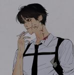  1boy bandaged_fingers bandages black_hair black_necktie blood blood_from_eyes blood_on_clothes blood_on_face blood_on_hands chainsaw_man chest_belt cigarette collared_shirt didwjddid030 ear_piercing grey_background holding holding_cigarette kishibe_(chainsaw_man) kishibe_(young)_(chainsaw_man) looking_to_the_side necktie piercing scar scar_on_cheek scar_on_face shirt short_hair simple_background sleeves_rolled_up solo white_shirt 