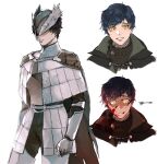  1boy armor black_hair blood blood_on_face bloodborne brown_cape cape commentary_request frown gameplay_mechanics gauntlets hat_over_eyes hunter_(bloodborne) nomeringo original smile yellow_eyes 