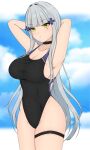  1girl absurdres arms_behind_head bangs black_choker black_one-piece_swimsuit blue_sky breasts choker cloud competition_swimsuit english_commentary facial_mark fnzz girls&#039;_frontline green_eyes grey_hair highleg highleg_swimsuit highres hk416_(girls&#039;_frontline) large_breasts long_hair looking_at_viewer multicolored_clothes multicolored_swimsuit one-piece_swimsuit sky solo standing swimsuit 