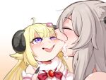  2girls ahoge animal_ear_fluff animal_ears bangs bare_shoulders biting black_nails blonde_hair blurry blush cheek_biting closed_eyes commentary_request curled_horns depth_of_field doodle_shark fang fur_trim grey_hair hair_between_eyes hair_ornament highres hololive horns long_hair looking_away multiple_girls open_mouth purple_eyes shishiro_botan tsunomaki_watame virtual_youtuber 