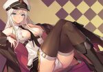  1girl azur_lane bare_shoulders belt between_breasts black_coat black_necktie blue_eyes blush boots breasts coat collared_shirt commentary_request covered_nipples crossed_legs enterprise_(azur_lane) expressionless from_below hat high_heels kikuchi_seiji knee_boots knees_up leg_up legs long_hair long_sleeves looking_at_viewer medium_breasts necktie necktie_between_breasts nipple_slip nipples no_bra off_shoulder panties partially_unbuttoned shirt skindentation sleeveless sleeveless_shirt solo staring thigh_belt thigh_strap thighhighs thighs underwear upskirt very_long_hair white_hair white_panties white_shirt 