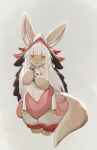  2022 5_fingers absurd_res amber_eyes ambiguous_gender anthro armor clothing eyebrows fingers fur furgonomics hair headgear helmet hi_res inner_ear_fluff lagomorph long_hair looking_at_viewer made_in_abyss mammal multicolored_body multicolored_fur nanachi narehate open_mouth open_smile overalls pouch_(clothing) simple_background smile soda_uyu solo tan_body tan_fur tuft two_tone_body two_tone_fur whiskers white_background white_body white_fur white_hair 