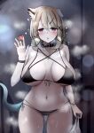  absurdres animal_ears arknights bag bikini bracelet breasts cleavage collar condom condom_wrapper drooling hair_ornament highres holding holding_bag holding_condom jewelry kokihanada micro_bikini navel steaming_body sweat swimsuit utage_(arknights) waving 