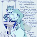  2020 2022 5_fingers anthro balls bathroom big_balls bodily_fluids brush canid canine canis cum dialogue digital_media_(artwork) english_text erection excessive_cum excessive_genital_fluids exhausted fingers forced forced_orgasm fur genital_fluids genitals huge_balls hyper hyper_balls hyper_genitalia koorivlf male mammal meme monochrome no_nut_november nude open_mouth orgasm penis signature simple_background solo text tooth_paste toothbrush wolf 