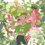  1girl ;) alolan_exeggutor black_shorts bounsweet budew closed_mouth company_connection cottonee cowboy_shot crossover dark-skinned_female dark_skin decidueye eldegoss existerivan fingernails green_eyes green_pupils green_shirt green_theme hands_up head_tilt head_wreath highres hoppip inkbrush_(splatoon) inkling_(language) leaf leafeon light_green_hair looking_at_viewer lurantis mohawk morelull navel nintendo octarian octoling octoling_girl oddish one_eye_closed paint_splatter plant pokemon pokemon_(creature) rowlet sharp_fingernails shirt short_hair short_sleeves shorts simple_background smile splatoon_(series) splatoon_3 splattershot_(splatoon) splattershot_jr_(splatoon) split_mouth suction_cups t-shirt tentacle_hair white_background 