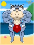  3:4 abs anthro beach big_bulge big_muscles big_pecs blastoise bulge claws countershading fangs generation_1_pokemon hands_on_legs hands_on_thighs hi_res huge_muscles hyper hyper_muscles ivaldi looking_at_viewer male muscular nintendo pecs pokemon pokemon_(species) seaside shaded shell smile solo solo_focus spread_legs spreading standing sun video_games watermark 