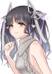  1girl 774_inc. :3 aran_sweater backless_dress backless_outfit bangs black_hair blush body_blush bow breasts closed_mouth commentary_request demon_girl demon_horns dress grey_sweater hair_bow highres horns kojo_anna long_hair looking_at_viewer medium_breasts meme_attire multicolored_hair official_alternate_costume pointy_ears purple_hair ribbed_sweater robou_no_stone shiny shiny_skin sideboob simple_background smile solo sugar_lyric sweater sweater_dress turtleneck turtleneck_sweater two-tone_hair two_side_up upper_body virgin_killer_sweater virtual_youtuber white_background white_bow yellow_eyes 