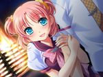  1boy 1girl aqua_eyes arm_grab arm_hug blush game_cg ginta happy outdoors pink_hair school_uniform sugar_+_spice twintails 