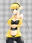  1girl artist_request bare_shoulders blonde_hair blue_eyes breasts center_opening cleavage electricity female gym_leader halter_top halterneck hand_on_head headphones heka=ton huge_breasts kamitsure_(pokemon) navel pokemon pokemon_(game) pokemon_black_and_white pokemon_bw short_hair simple_background smile solo 