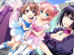  4girls aqua_eyes bare_shoulders breasts brown_hair cleavage cosplay embarrassed game_cg ginta gloves multiple_girls outdoors pink_hair purple_eyes skirt sugar_+_spice thighhighs 