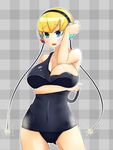  1girl artist_request bare_shoulders blonde_hair blue_eyes blush breasts cleavage electricity embarrassed female gym_leader hand_on_head headphones heka=ton kamitsure_(pokemon) one-piece_swimsuit open_mouth pokemon pokemon_(game) pokemon_black_and_white pokemon_bw school_swimsuit short_hair solo swimsuit 