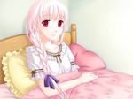  1girl amanatsu bed braid braids game_cg ginta indoors long_hair lying misonogi_sakurako pink_hair red_eyes solo tears under_covers 