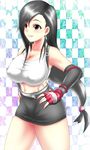  black_hair breasts earrings elbow_gloves erect_nipples female final_fantasy final_fantasy_vii fingerless_gloves gloves gradient gradient_background hands_on_hips jewelry kyochan large_breasts long_hair miniskirt okyou red_eyes skirt smile solo suspenders tank_top tanktop tifa_lockhart 