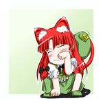  animal_ears bad_id bad_pixiv_id beret black_ribbon cat_ears cat_tail chinese_clothes hat hat_removed headwear_removed hong_meiling kemonomimi_mode long_hair niwatazumi paw_pose red_hair ribbon simple_background solo star tail touhou 