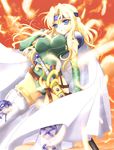  belt blonde_hair blue_eyes boots breasts bridal_gauntlets cape celes_chere erect_nipples feather feathers female final_fantasy final_fantasy_vi hayatoshindo headband leotard long_hair outdoors shindou_hayato shoulder_pads sky solo sword thighhighs weapon white_legwear white_thighhighs 