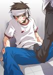  blood blush boxers brown_hair bulge clothed erection headband male male_focus one_eye_closed penis spread_legs sweat underwear wink yaoi 