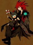  2boys adult animal_ears black_hair blue_eyes fang fox_ears fox_tail gijinka hair_ornament japanese_clothes long_hair male male_focus moemon multicolored_hair multiple_boys older open_mouth personification pinwheel pokemon pokemon_(game) pokemon_black_and_white pokemon_bw ponytail red_hair short_hair sitting sitting_on_lap sitting_on_person smile tail two-tone_hair two_tone_hair young younger zoroark zorua 