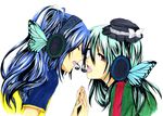  2boys aqua_hair blue_hair butterfly eyepatch eyes_closed hat headphones inazuma_eleven inazuma_eleven_(series) kazemaru_ichirouta magnet_(vocaloid) mini_top_hat multiple_boys parody red_eyes sakuma_jirou top_hat trap yaoi 