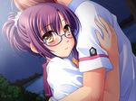  1boy 1girl blush game_cg ginta glasses happy hug night outdoors purple_hair school_uniform sky star stars sugar_+_spice yellow_eyes 