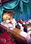  blonde_hair blue_eyes blush crown flower highres kagamine_len male_focus open_mouth prince rose scepter solo tea vocaloid yomorin 