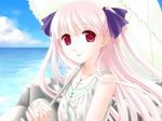  1girl amanatsu beach game_cg ginta long_hair misonogi_sakurako outdoors pink_hair red_eyes sky sleeveless solo umbrella water 