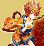  bare_shoulders blush brown_hair fire flames gloves japanese_clothes katekyo_hitman_reborn katekyo_hitman_reborn! kimono kubyou_azami male male_focus mononoke_hobaku_butai navel open_clothes orange_eyes reborn ribbon rope sawada_tsunayoshi short_hair solo spiked_hair tsuna 