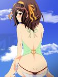  ass back bikini blush brown_hair cloud clouds edit from_behind g-string hairu highres looking_back panties photoshop sky stiky_finkaz suzumiya_haruhi suzumiya_haruhi_no_yuuutsu swimsuit thong underwear watermark whale_tail yellow_eyes 