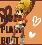  aero aero_(inafune_keiji) blonde_hair boots capcom character_request female gloves green_eyes long_hair obiko red_legwear red_thighhighs rockman rockman_dash rockman_dash_3 shorts solo thighhighs 