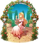  1girl blonde_hair cage chair detached_sleeves dress female flower gensou_suikoden gensou_suikoden_v jewelry long_hair luserina_barows milk1110 necklace plant sitting solo suikoden suikoden_v yellow_eyes 