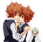  3boys blush brown_eyes brown_hair giotto gokudera gokudera_hayato green_eyes katekyo_hitman_reborn katekyo_hitman_reborn! kiss kubyou_azami male male_focus mononoke_hobaku_butai multiple_boys necktie open_mouth reborn saliva sawada_tsunayoshi school_uniform selfcest short_hair silver_hair spiked_hair surprised sweat tie tongue tsuna uniform vongola_primo yaoi 