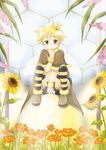  bee_costume blonde_hair blue_eyes blush crown finger_in_mouth flower highres honey kagamine_len sitting striped striped_legwear striped_stockings tail thighhighs vocaloid wings 