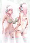  ass blush bra breasts cleavage headphones mirror mound_of_venus nitroplus panties pink_hair soniko striped_panties striped_thighhighs super_soniko thighhighs 