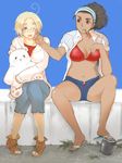  2girls ahoge artist_request axis_powers_hetalia black_hair blonde_hair blue_eyes brown_eyes canada_(hetalia) cuba_(hetalia) curly_hair curvy dark_skin genderswap glasses kumarii_(hetalia) multiple_girls ponytail sandals skin_contrast 