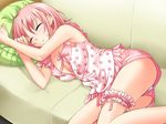  1girl breasts cleavage couch game_cg garter garters ginta lying on_side panties pink_hair short_shorts shorts sleeping sleeveless solo sugar_+_spice underwear 