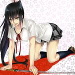  all_fours black_hair breasts cleavage natsume_aya pony_tail ponytail ribbon school_uniform shiromi smile tenjou_tenge 