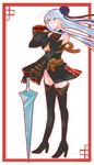  1girl adjusting_hair black_legwear black_thighhighs breasts detached_sleeves female flower full_body gloves hair_ornament long_hair military military_uniform polearm red_eyes sangokushi_taisen selvaria_bles senjou_no_valkyria senjou_no_valkyria_1 silver_hair solo spear sun_shang_xiang_(cosplay) thighhighs underboob uniform weapon white_background 