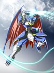  armor bracelet claws clenched_hand digimon digimon_adventure_v-tamer digimon_savers dragon_wings energy gauntlets highres horns jewelry lightning no_humans red_eyes solo takkayuuki ulforcevdramon wings 