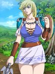 big_breasts blonde_hair breasts cleavage female gaden green_eyes large_breasts long_hair miniskirt nature outdoors shield shoulder_pads skirt sky solo sophitia_alexandra soul_calibur soulcalibur_ii sword tree weapon wristband 